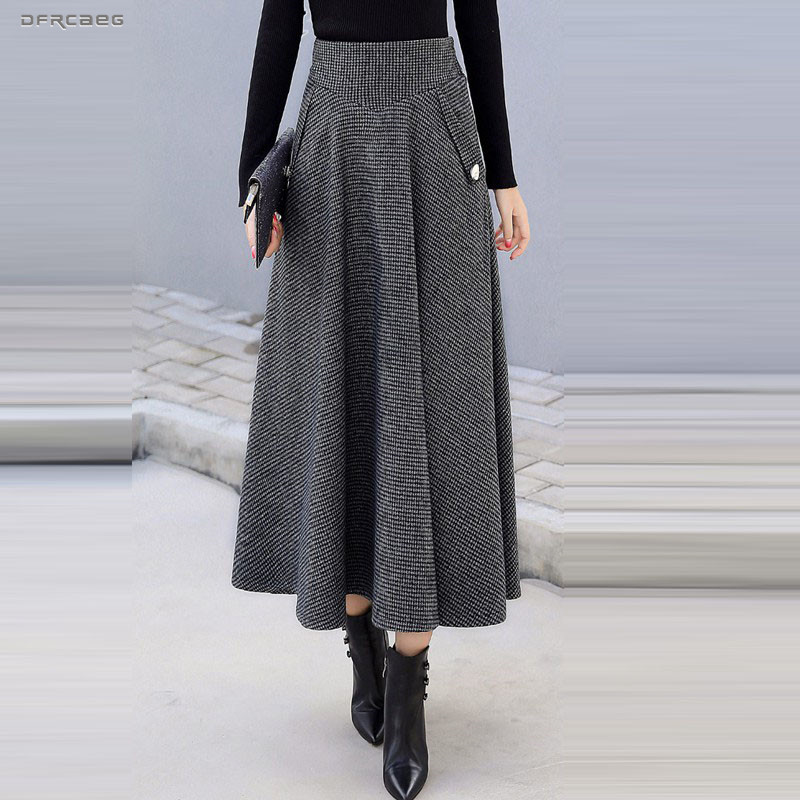 Winter Women Long Woolen Skirt Fashion High Waist Basic Wool Skirts Female  Casual Thick Warm Elastic A-Line Maxi Skirts