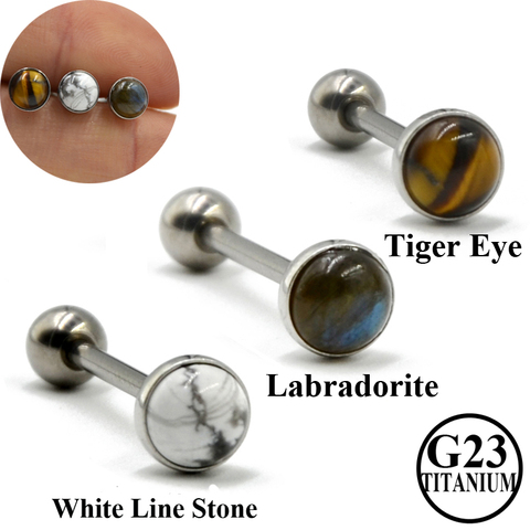 1Piece Titanium Or Steel Barbell Labradorite Tiger Eye White Line Stone Tongue Barbell Ring Body Piercing Tougue Bar Jewelry ► Photo 1/6