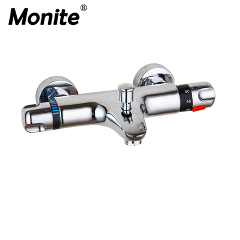 Monite Wall Mounted Bathroom Thermostatic Mixer Taps Chrome Brass Bathtub Sink Basin Faucet Set Exposed Shower Faucet ► Photo 1/1