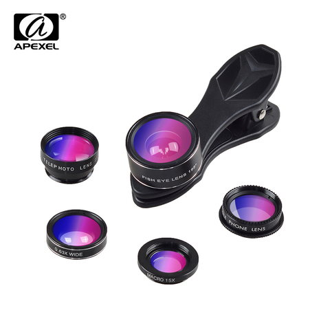 APEXEL Universal Clip 5 in 1 Fish Eye Wide Angle Macro 2X Telephoto CPL Mobile Phone Lens For iPhone Samsung Xiaomi Phones DG5 ► Photo 1/5