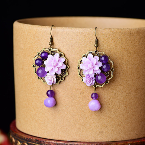 BOEYCJR Ethnic Vintage Natural Purple Stone Bead Flower Dangle Earrings Fashion Jewelry Drop Earrings For Women  ► Photo 1/5