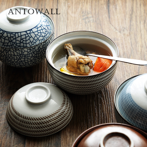 ANTOWALL Japanese HENGFENG 4.5inch and 6.5inch Ceramic Soup Bowl With Lid Blue and White Rice Bowl Stewed Miso Soup Tureen ► Photo 1/5