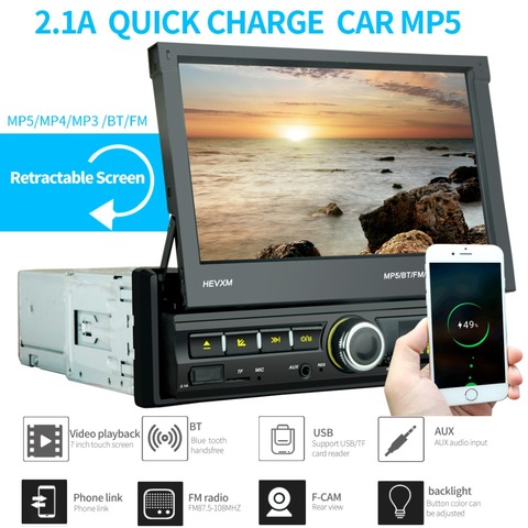 1 Din Car Radio Bluetooth Mirror link 1din  Multimedia Player Touch Screen Retractable MP5  USB Audio Stereo ► Photo 1/6