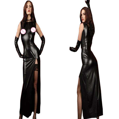 Faux Leather Fetish Clubwear Nightclub Wet Look Vestidos Exotic Vinyl Synthetic Leather High Plite Black Sexy Dress ► Photo 1/1