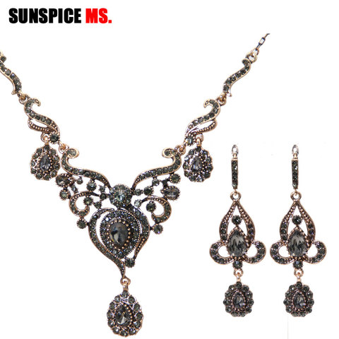 Sunspicems Retro Gold Color Turkish Gray Rhinestone Flower Earring Necklace Sets For Women Wedding Engagement Jewelry Sets 2022 ► Photo 1/6