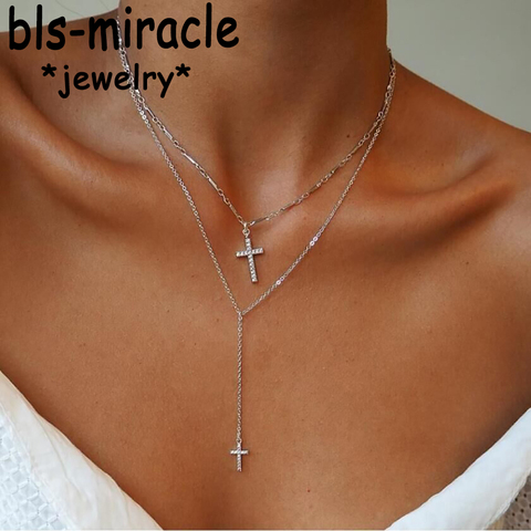 Fashion Gold Color Crystal Cross Necklaces Pendants Boho Double Layered Necklace Catholic Religious Christian Statement Jewelry ► Photo 1/6
