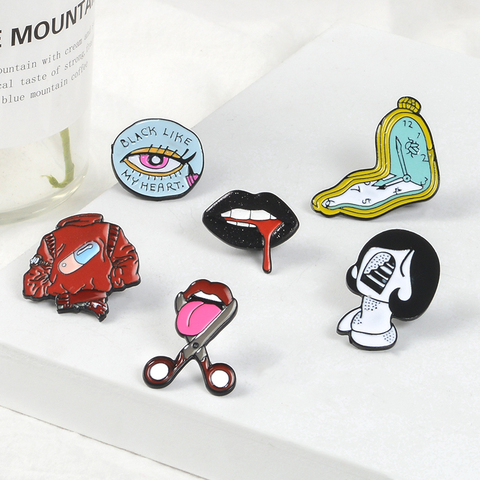 Women Face Enamel Pins Sexy black lips Cut tongue Badges Red Pill coat Twisted clock Lapel Pins Brooches for women Girls Jewelry ► Photo 1/6