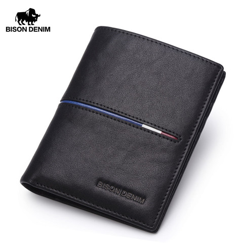 BISON DENIM Brand Genuine First Layer Leather Short Wallet Business Classic Purse Men's Wallet Cards Holder Casual Purse N4437-2 ► Photo 1/5