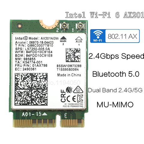 Intel Wi-Fi 6 AX201 Bluetooth 5.0 Dual Band 2.4G/5G Wireless NGFF Button E CNVi Wifi Card AX201NGW 2.4Ghz / 5Ghz 802.11ac / ax ► Photo 1/4