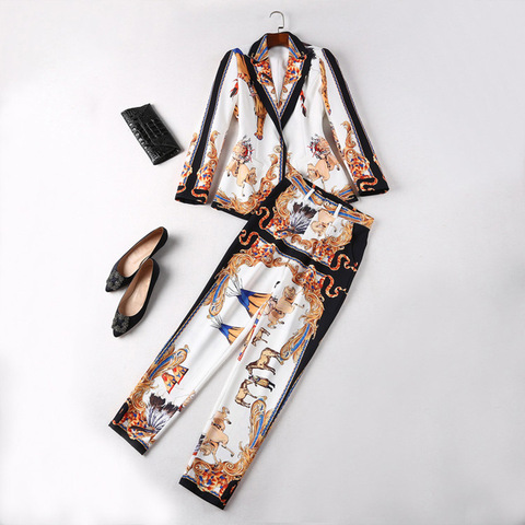High Quality Designing Women Vintage Pants Suits Single Button Blazer Slim Trousers Runway Printing Two Pieces Sets Outfits ► Photo 1/6