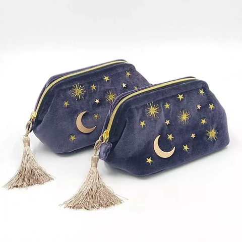 Cute Velvet Embroidery Cosmetic Bag Travel Organizer Women Makeup Bag Zipper Make Up Pouch with Moon Star Tassel Deco ► Photo 1/6