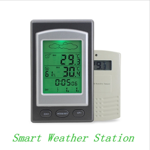 Wireless Weather Station Digital Smart Home Thermometer Hygrometer In Outdoor Alarm Clock 100M Temperature Sensor Green Backlit ► Photo 1/6