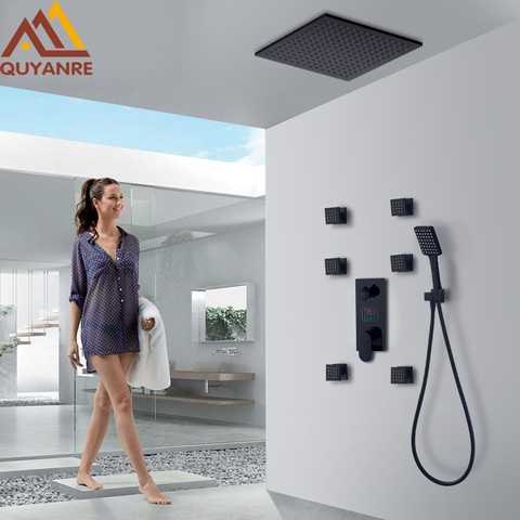 Quyanre Black Digital Shower Faucets Set Rainfall Shower 6pcs Massage Spa Jets 3-way Digital Display Mixer Tap Bathroom Shower ► Photo 1/6