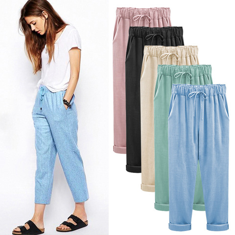 Cotton Linen Pants plus size Elastic high Waist Ankle Length