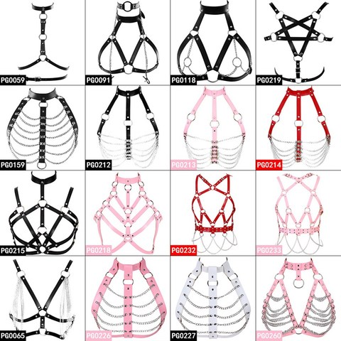 Leather Body Harness Bra Metal chain Bondage Lingerie Harnesses for Women Pink Adjust Punk Goth Pu Strap Tops Cage Festival Rave ► Photo 1/6
