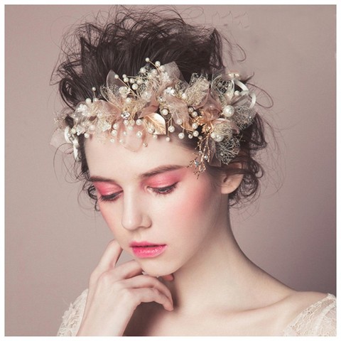 Gorgeous Pink pearl flower bridal headband Gold beaded leaf headband pearl head jewelry crystal tiara bridal wedding accessories ► Photo 1/4