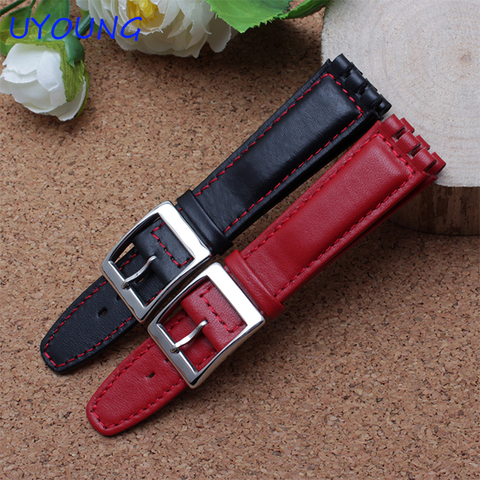 High Quality 17mm 19mm Waterproof Genuine Leather Watch Strap Band Black Brown White With Clasp for swatch wathcband ► Photo 1/5