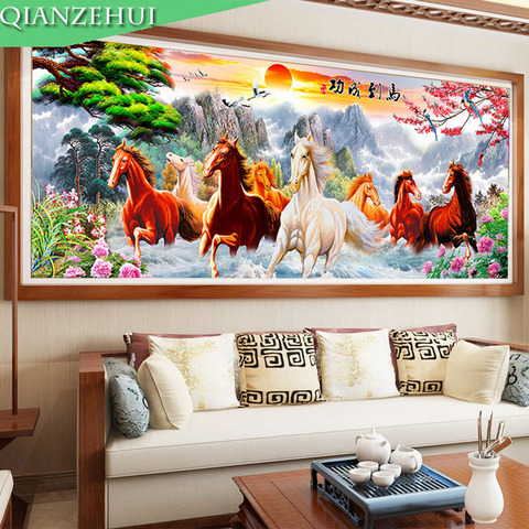 QIANZEHUI,Diamond Embroidery,Round Diamond Eight horses animals Full rhinestone 5D Diamond painting cross stitch,needlework ► Photo 1/6