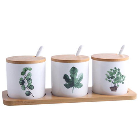 Nordic Plant Ceramic Seasoning Jar Set Spice Pot Sugar Salt Pepper Container With Bamboo Lid Spoon Kitchen Seasoning Rack 300ml ► Photo 1/5