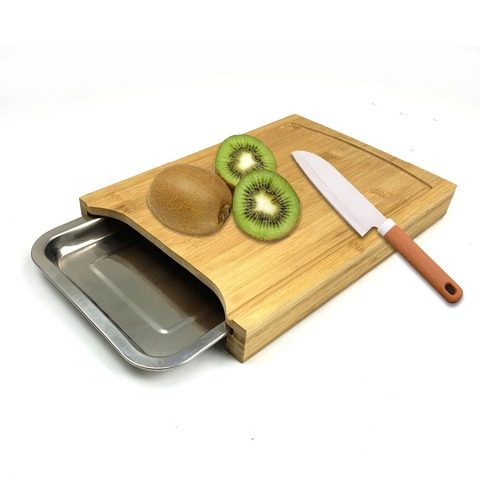 Bamboo Cutting Board with Stainless steel Tray,Organic Eco Friendly Tray for Kitchen Easy Waste Removal & Faster Food Prep Time ► Photo 1/3