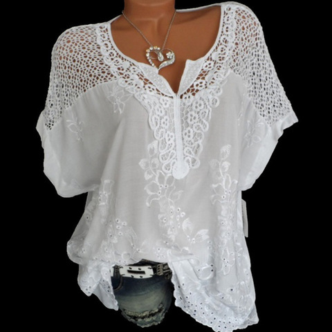 2022 Summer Short Sleeve Womens Blouses And Tops Loose White Lace Patchwork Shirt Plus Size 4xl 5xl Women Tops Casual Clothes ► Photo 1/6