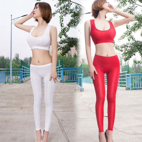 Women Ice Silk Smooth Transparent Pencil Pants Candy Color See Through Elastic Skinny Leggings Glossy Low Waist Pants Plus Size ► Photo 1/6