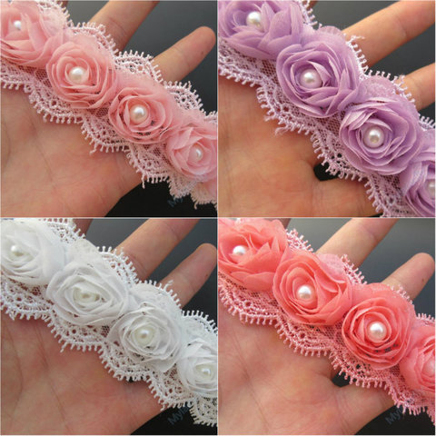 12x Pearl 3D Chiffon Rose Flowers Lace Trim Ribbon Fabric Handmade Embroidered Applique Wedding Dress Sewing Craft Decoration ► Photo 1/6