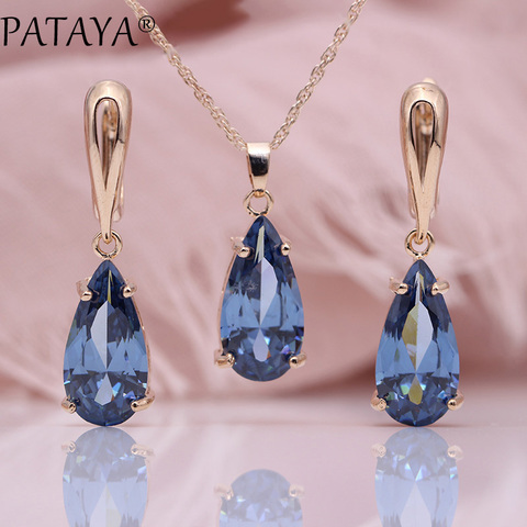 PATAYA New Blue Water Drop Earrings Pendants Necklaces Sets 585 Rose Gold Natural Zircon For Women Fashion Wedding Jewelry Set ► Photo 1/6