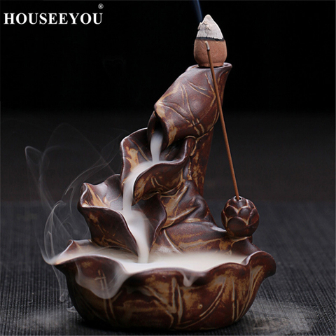 HOUSEEYOU Ceramic Lotus Incense Burner Waterfall Backflow Incense Holder Home Decor Buddhist Aroma Censer + 10Pcs Incense Cones ► Photo 1/5