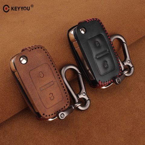 KEYYOU 2 Buttons Leather Car Key Case Cover For VW Volkswagen Polo Golf MK4 Passat Bora Jetta Altea Touran Transporter Sharan ► Photo 1/6