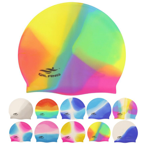 Women Men Ladies Rainbow Colorful Waterproof Silicone Ear Long Hair Protection Swim Pool Swimming Cap Swimwear Hats for Adults ► Photo 1/6