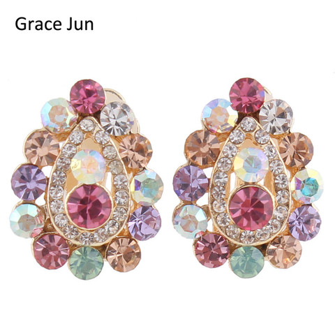 Grace Jun  New Arrival Multicolor Rhinestone Crystal Water Drop Shape Clip on Earrings Without Piercing for Girls Ear Clip ► Photo 1/6