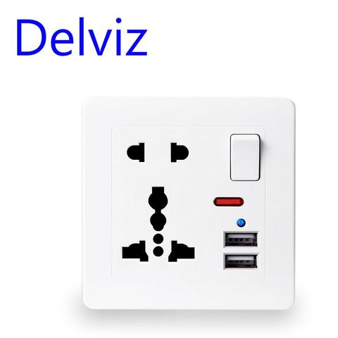 Delviz EU Standard Outlet panel, 5V 2.1A Dual USB Charger Port, Switch control 13A Global Universal 5 Hole USB Wall Power Socket ► Photo 1/6