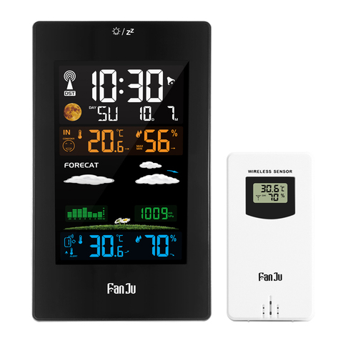 FanJu FJ3389 Wall Clock Color Weather Station LCD Digital Alarm Temperature Humidity Comfort display Table Sensor Modern Design ► Photo 1/1