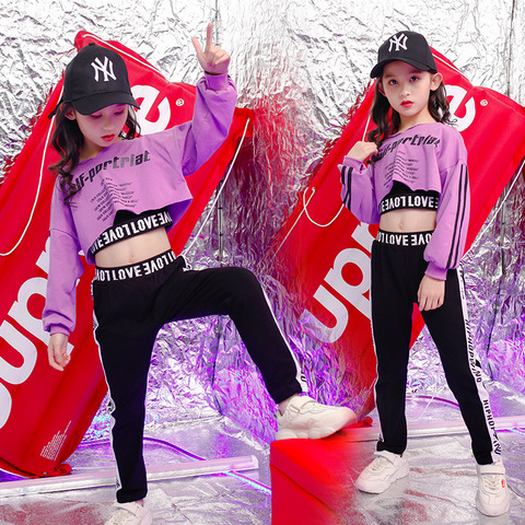 New Ballroom Hip Hop Dance Clothes Girls Pink Crop Tops Pants