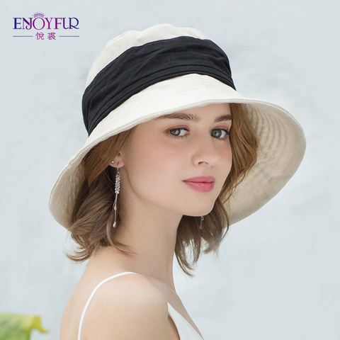 ENJOYFUR Women Summer Sun Hats Cotton Linen Foldable Beach Hat Fashion Patchwork Bucket Cap ► Photo 1/6