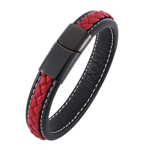 Trendy Mens Bracelets Jewelry Black Red Braided Leather Bracelet Stainless Steel Men Bracelet Jewellery Bangles Male Gift SP0008 ► Photo 1/6