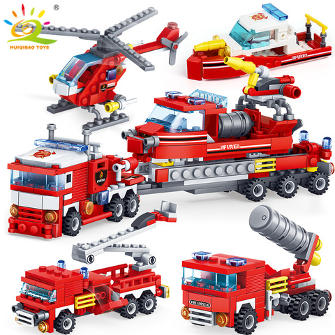 HUIQIBAO 348pcs Fire Fighting 4in1 Trucks Car Helicopter Boat Building Blocks City Firefighter Figures Man Bricks Children Toys ► Photo 1/6