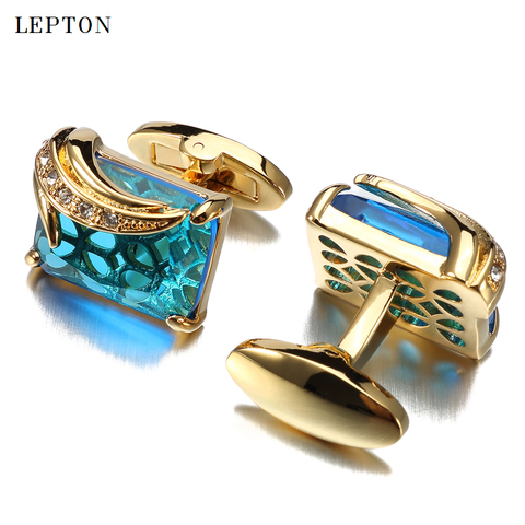 Low-key Luxury Blue Glass Cufflinks for Mens Lepton Brand High Quality Square Crystal Cufflinks Shirt Cuff Links Relojes Gemelos ► Photo 1/6