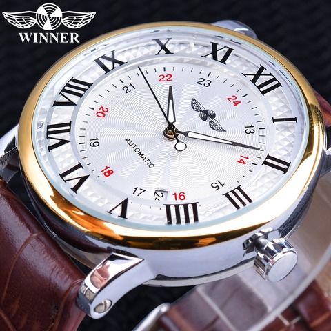 Winner 2022 Fashion White Golden Clock Date Display Brown Leather Belt Mechanical Automatic Watches for Men Top Brand Luxury ► Photo 1/6