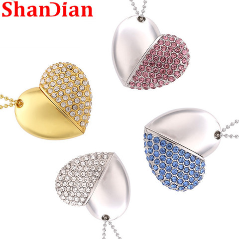 SHANDIAN Promotions fashion metal heart crystal USB Flash Drive precious stone pen drive beauty gift USB 2.0 Memorial Fa ► Photo 1/6