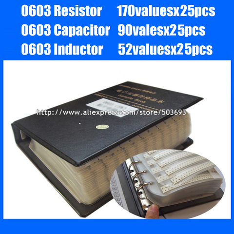 New 0603 SMD Resistor 0R~10M 1% 170valuesx25pcs + Capacitor 0.5pF~2.2uF 90valuesX25pcs + Inductor 52valuesx25pcs Sample Book ► Photo 1/1