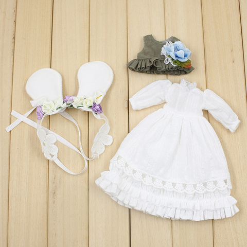 Clothes For 1/6 Blyth White Long Dress With Headwear & Waistcoat Pastoral Style ► Photo 1/6