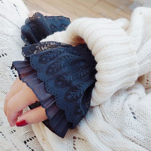 Women Girl Fake Flare Sleeves Floral Lace Pleated Ruched False Cuffs Sweater Blouse Apparel Wrist Warmers With Faux Pearl Button ► Photo 1/6