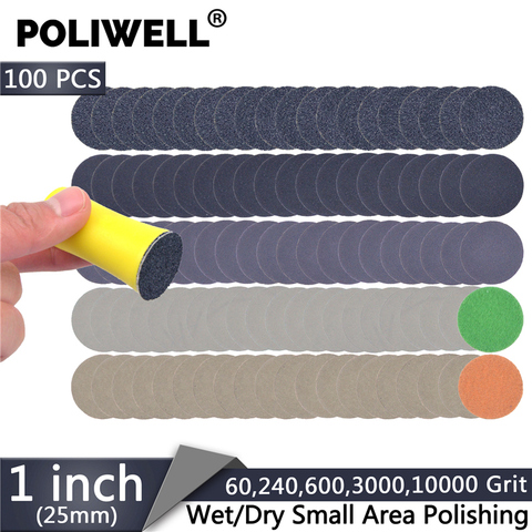 POLIWELL 100PCS 1 Inch 60/240/600/3000/10000 Grit Sanding Discs +Hook&Loop Hand Sanding Pad for Small Area Fine Polishing Kit ► Photo 1/6