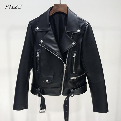 FTLZZ New Autumn Women Pu Leather Jacket Woman Zipper Belt Short Coat Female Black Punk Bomber Faux Leather Outwear ► Photo 1/6