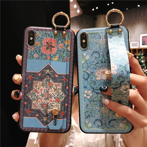 Retro flowers Wirst Strap Soft TPU Case For iphone 7 8 6 6S plus Case For iphone 12 Mini 11 Pro X XS MAX XR  phone Holder Case ► Photo 1/6