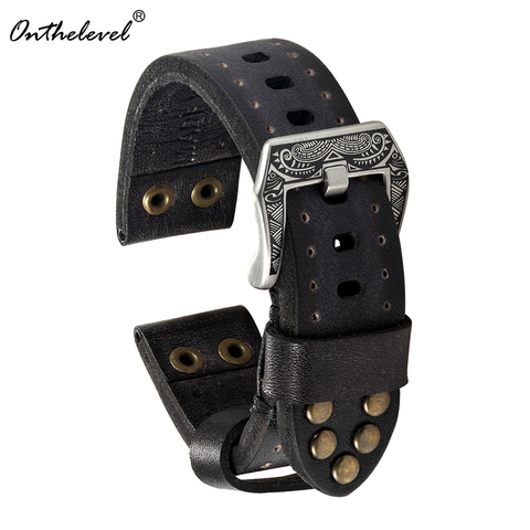 Onthelevel Classical Soft Leather Watch Strap With Rivets 18mm 20mm 22mm Vintage Watchband With Carved Buckle #C ► Photo 1/6