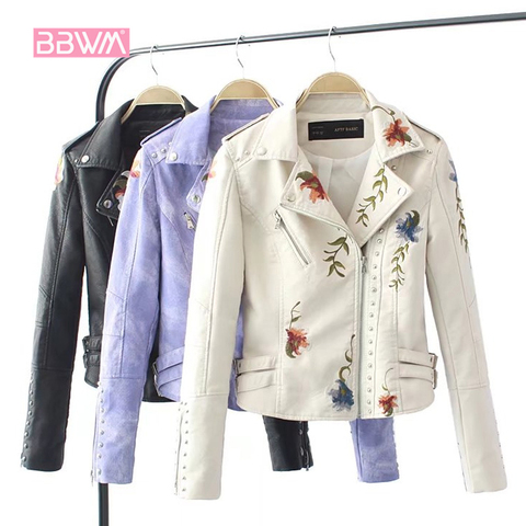 Embroidered Rivet Leather Female 2022 Spring New Short Slim Self-cultivation Motorcycle Jacket Wild Thin Embroidery Women's Coat ► Photo 1/1
