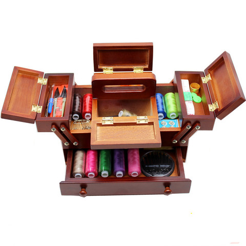 Natural wood sewing box Polyester Sewing thread Needlework Knitting Patch Organizer Storage box sewing case with accessories ► Photo 1/4